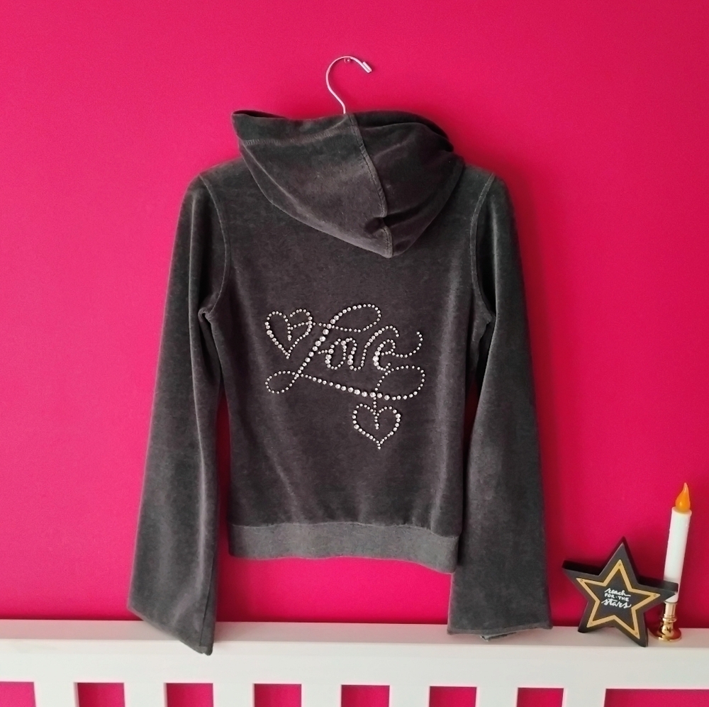VINTAGE OOAK Dark Gray Velour Hoodie w/Rhinestones & Satin Details Size Small ❤️ - Picture 3 of 9